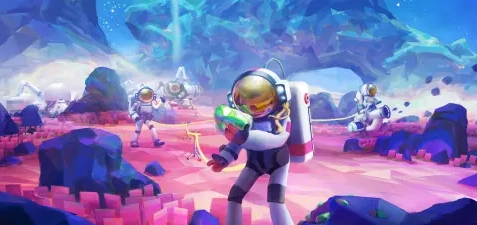 Astroneers exploring a pink world