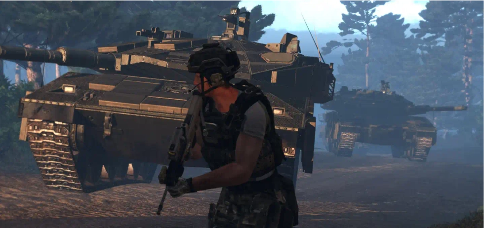 Arma 3 character in front of tanks