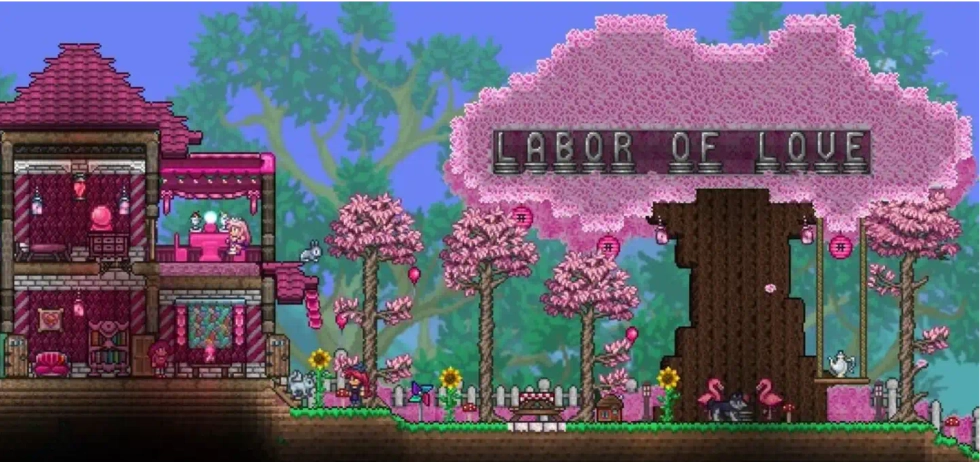 A building and a pink tree in Terraria