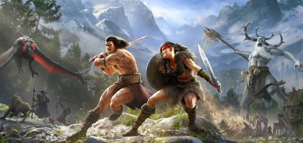 Two Conan players fighting monsters