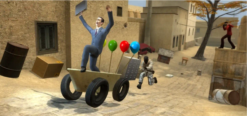 Garry’s mod character running away on balloon vehicle