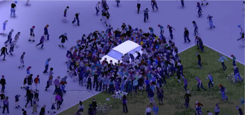 Zombies surrounding a car in Project Zomboid