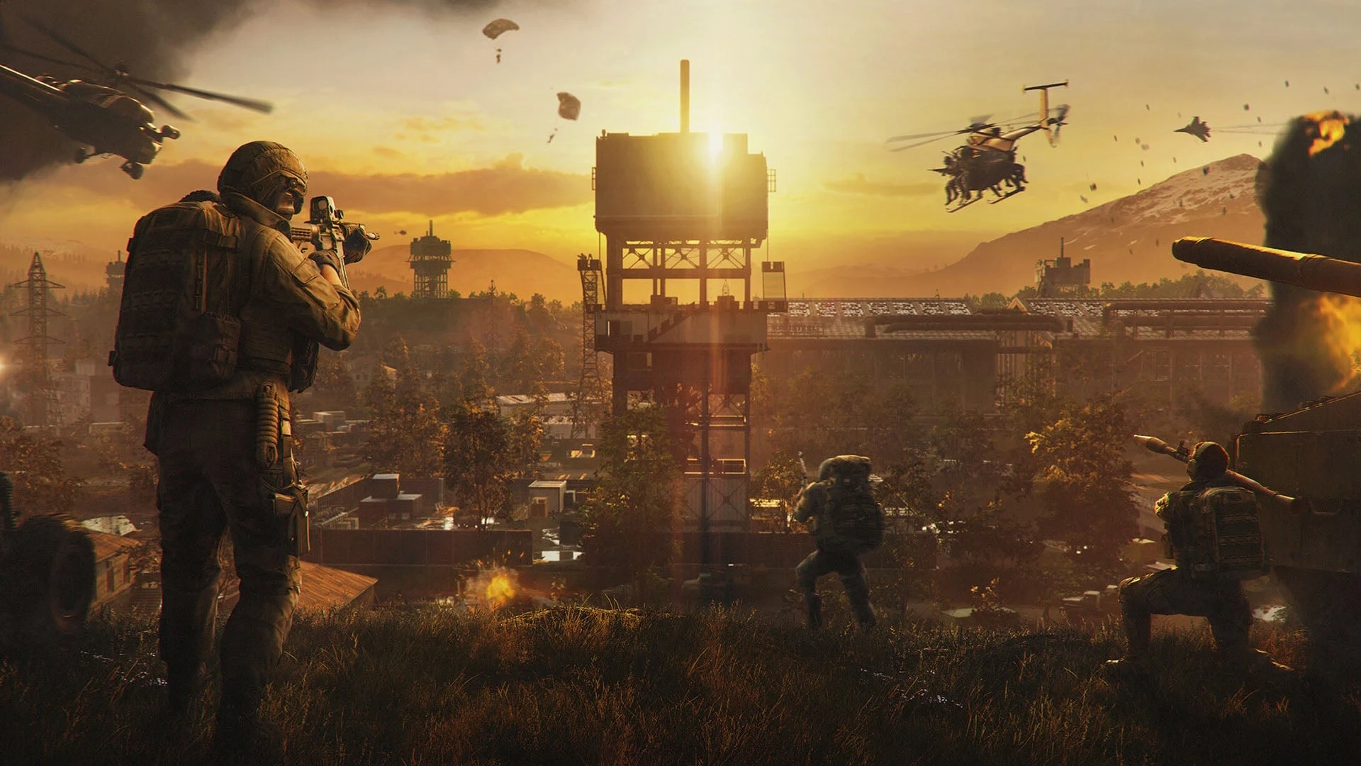 A WARDOGS battlefield with soldiers and helicopters