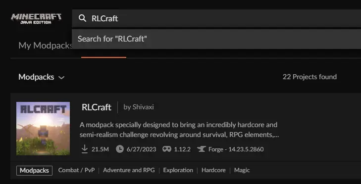 RLCraft in Modpack List Screenshot