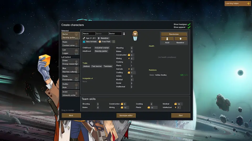 Rimworld Character Creation Screenshot