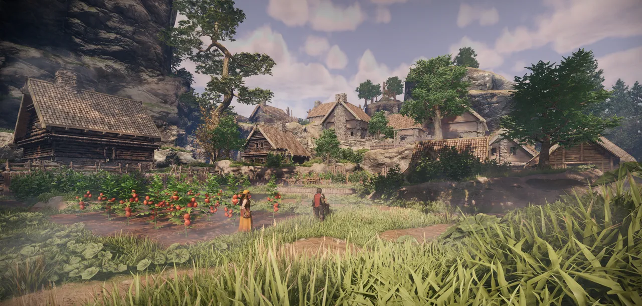 Screenshot of a farm and village in Enshrouded.