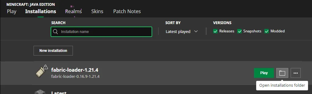 Minecraft Launcher Fabric Profile File Location Button Screenshot